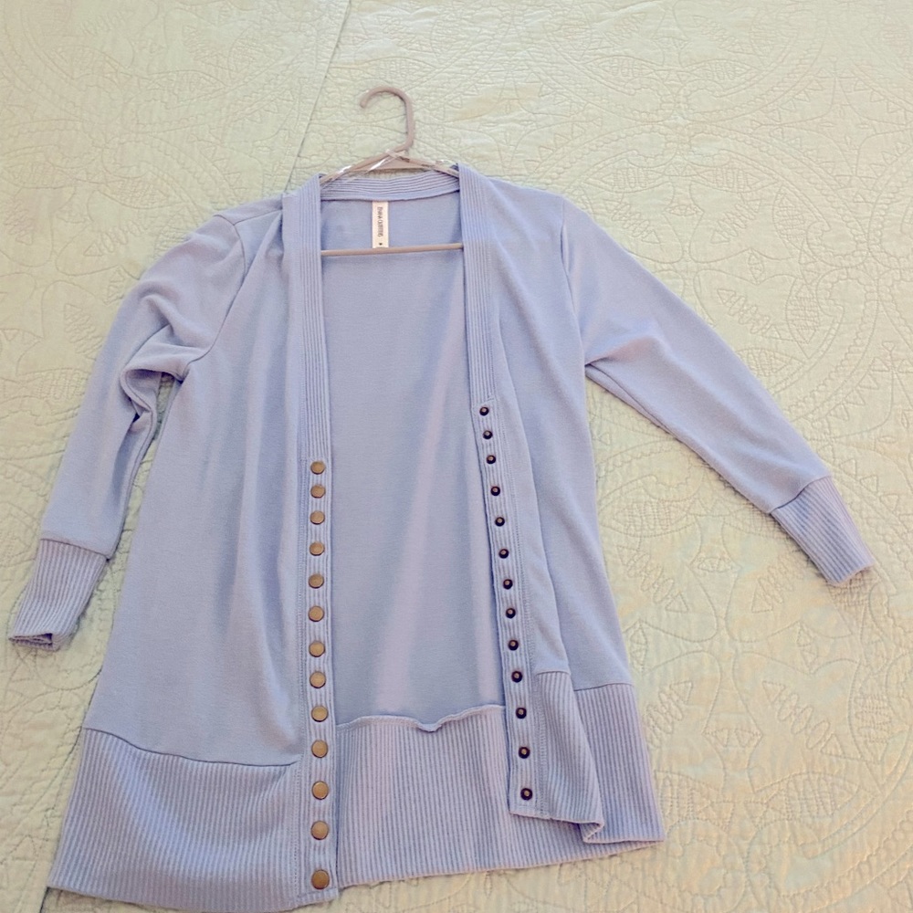 3/4 length light blue button down sweater size medium